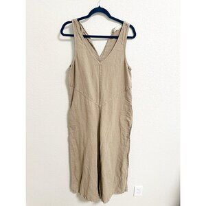 River + Sky Womens Linen Jumpsuit Sleeveless Wide Leg V Neck USA Made Tan Small